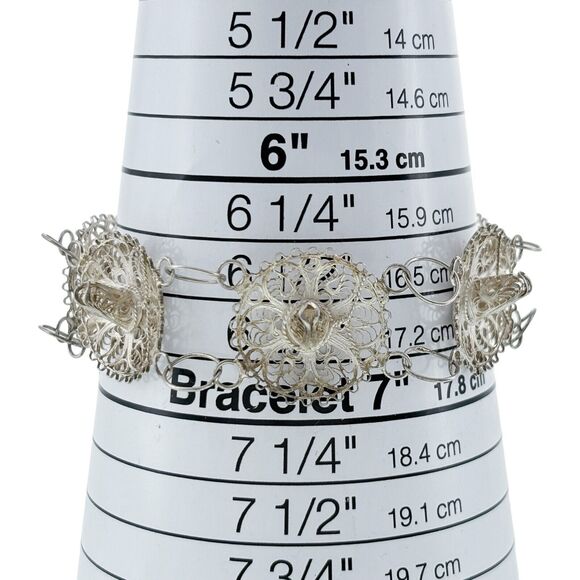 Filigree Sombrero Link Bracelet | Vintage Sterling Silver 925 | 7.75" - Picture 7 of 8